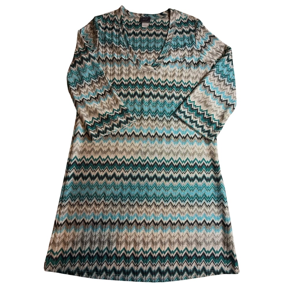 Elif Jordan Taylor Teal Chevron Zigzag Knit V-Neck 3/4 Sleeve Tunic Dress M